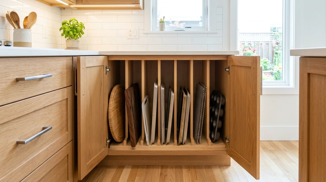A kitchen with vertical tray storage holding cutting boards and baking sheets neatly bright lighting maximizing cabinet space no people